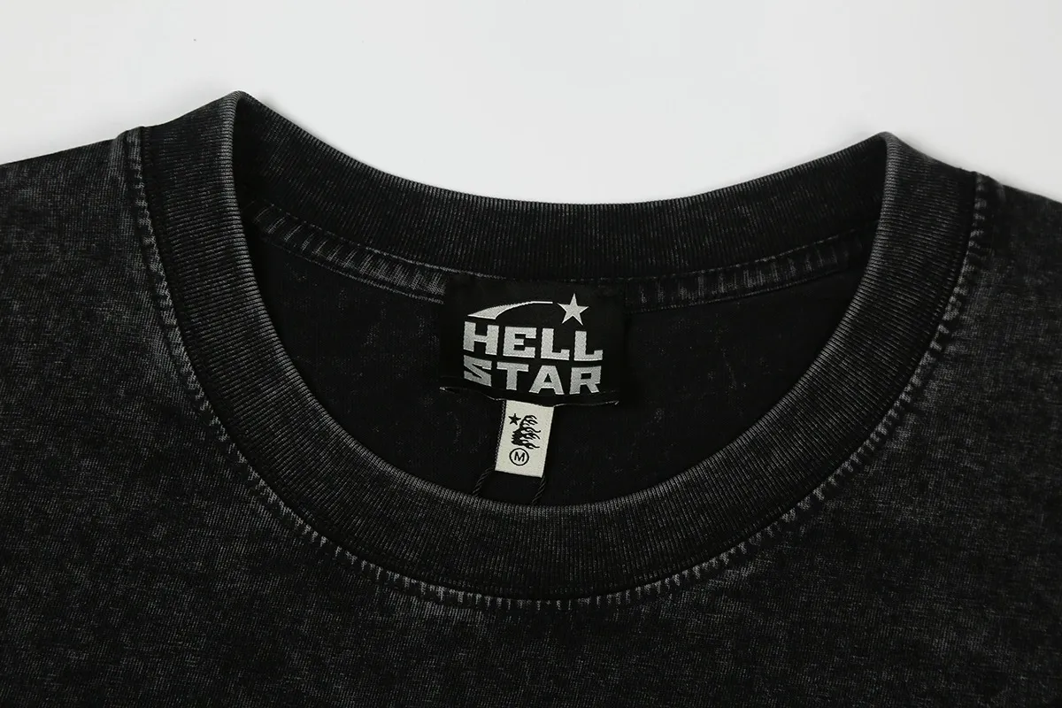 7733# P124 Washed Hellstar Hellstar ins same style retro printed tops for men and women, casual and trendy pure cotton washed short-sleeved T-shirt Color: Black Size: S M L XL