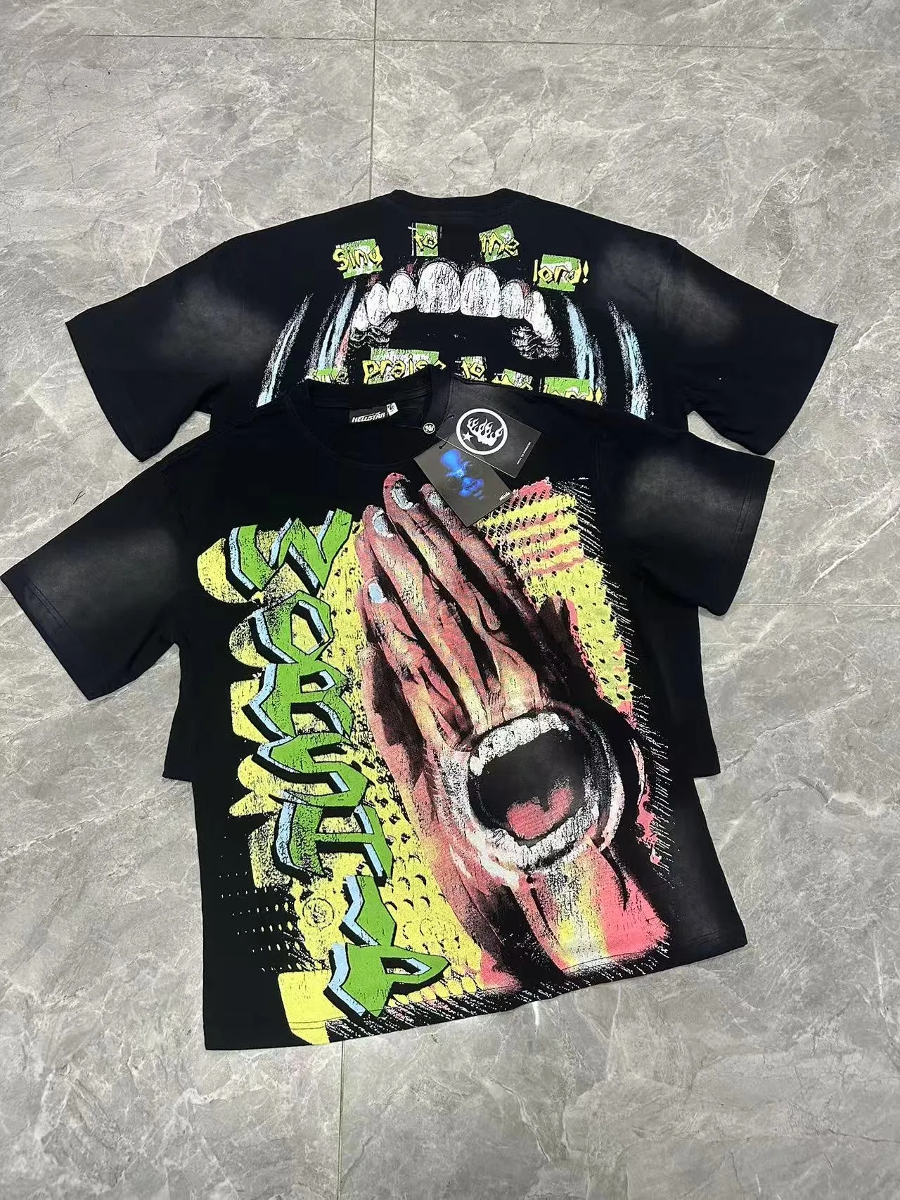 P124 Hellstar Cross-border European and American style street brand pure cotton T-shirt Fabric (fabric): 32 counts of 250g washed and combed double yarn pure cotton Size (size): S-M- L- X L Color (colour): Washed black (spray Ma Liu)