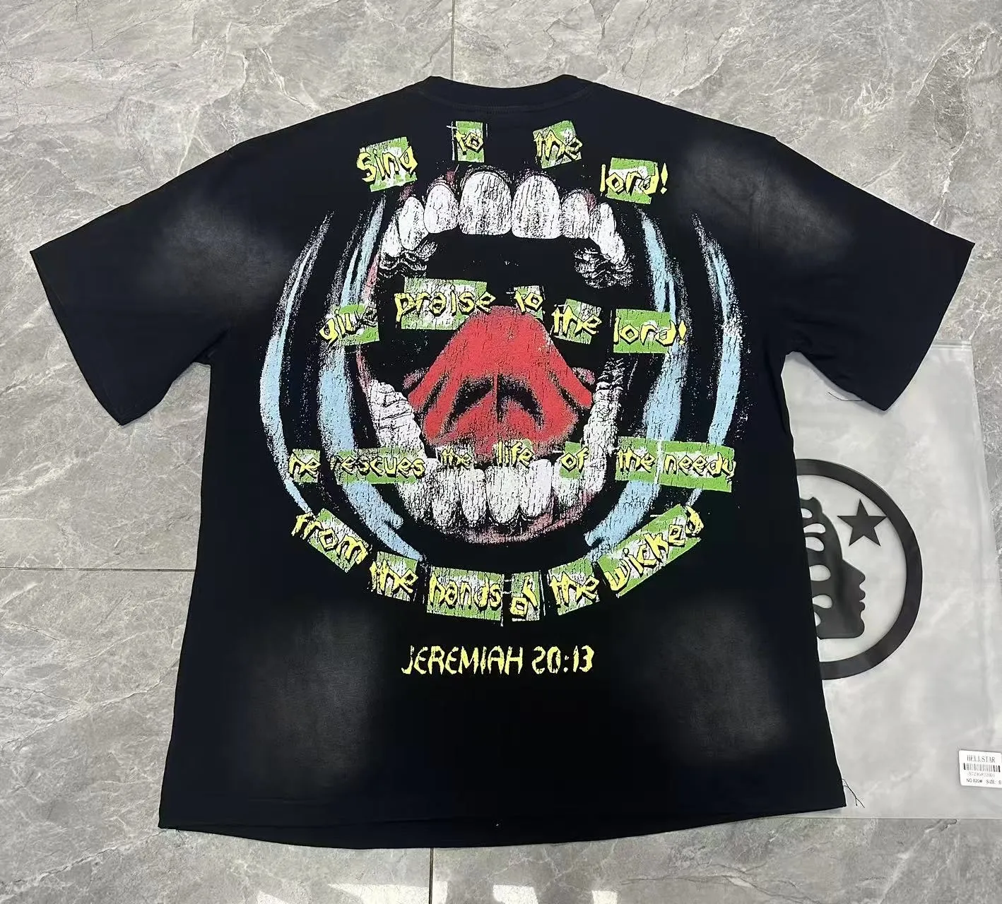 P124 Hellstar Cross-border European and American style street brand pure cotton T-shirt Fabric (fabric): 32 counts of 250g washed and combed double yarn pure cotton Size (size): S-M- L- X L Color (colour): Washed black (spray Ma Liu)