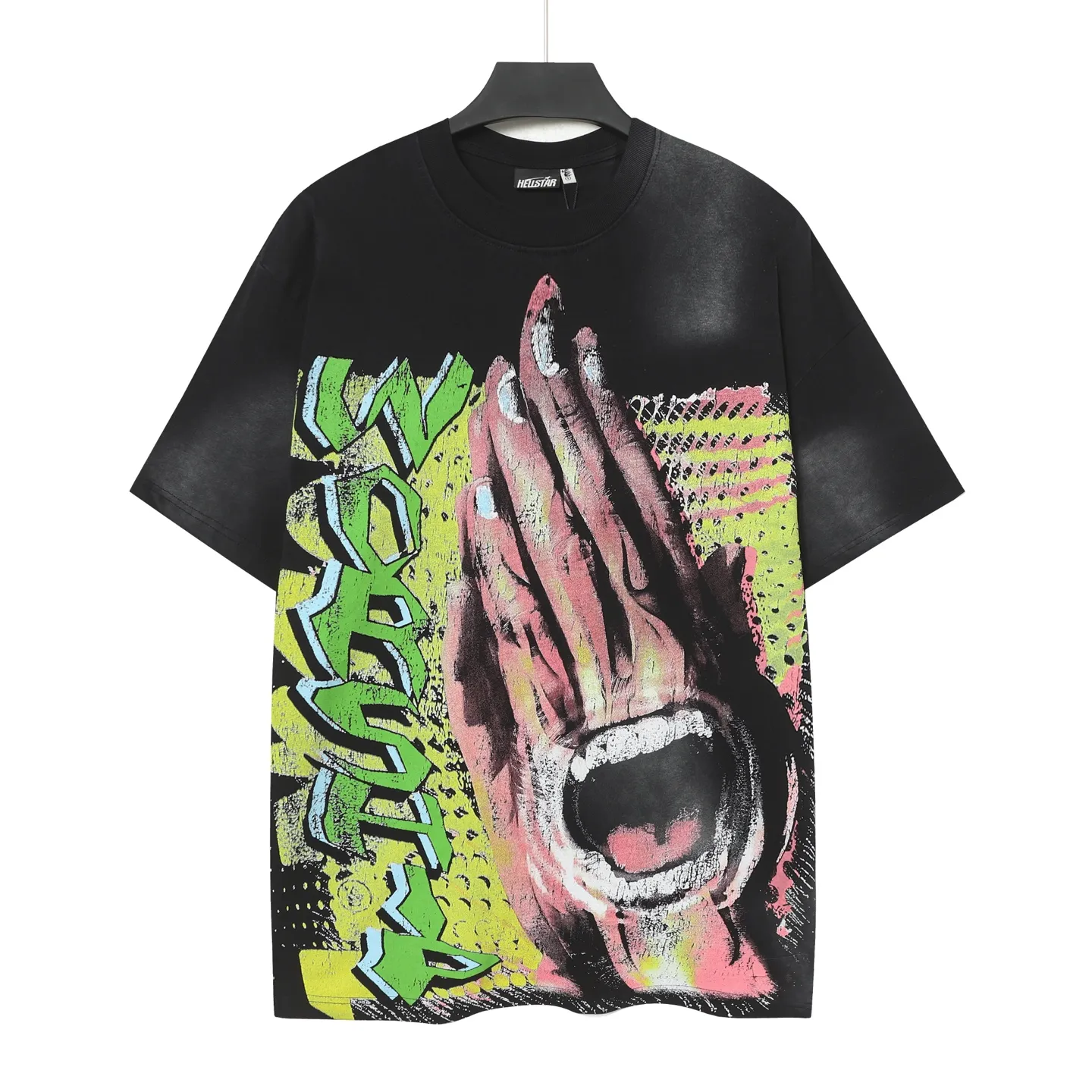 P124 Hellstar Cross-border European and American style street brand pure cotton T-shirt Fabric (fabric): 32 counts of 250g washed and combed double yarn pure cotton Size (size): S-M- L- X L Color (colour): Washed black (spray Ma Liu)