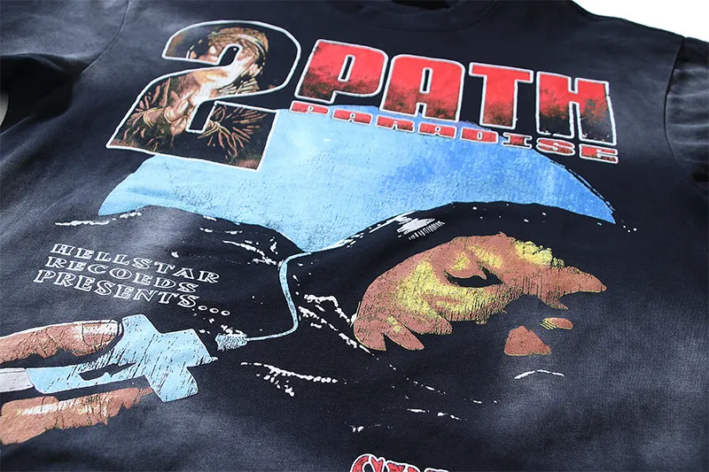 P140 Washed black reversible real shot Hellstar washed and worn reversible fashionable printed short-sleeved T-shirt Fabric: 250g 32 count fine cotton double yarn pure cotton Color: washed black + reversible + worn Size: S M L XL