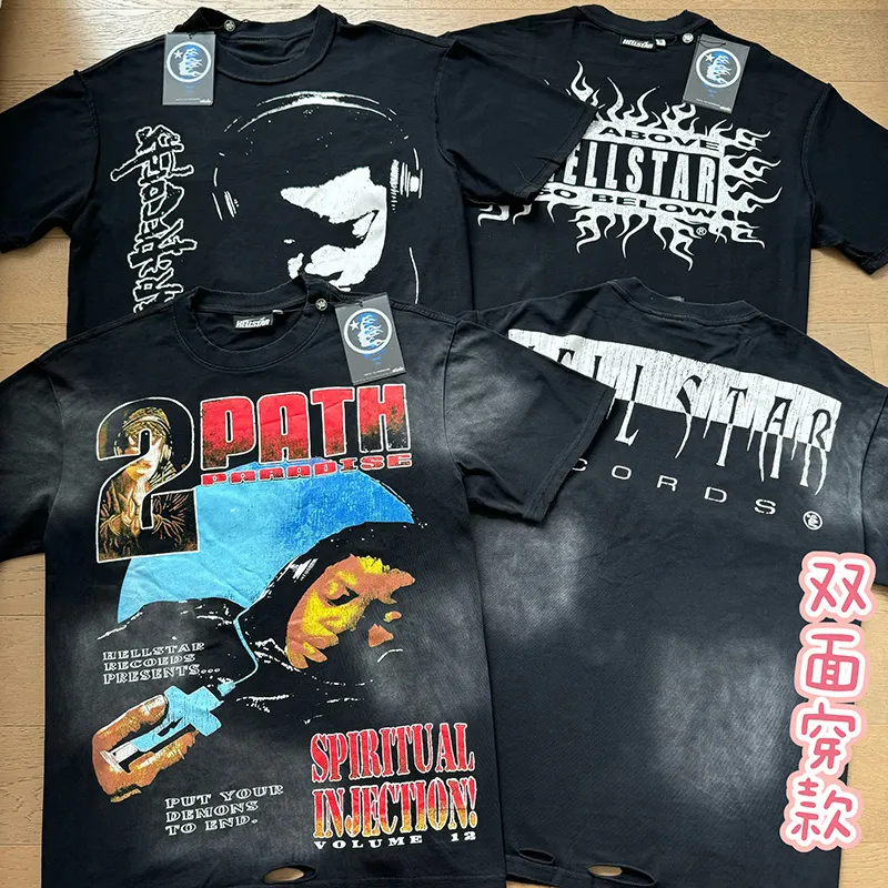 P140 Washed black reversible real shot Hellstar washed and worn reversible fashionable printed short-sleeved T-shirt Fabric: 250g 32 count fine cotton double yarn pure cotton Color: washed black + reversible + worn Size: S M L XL