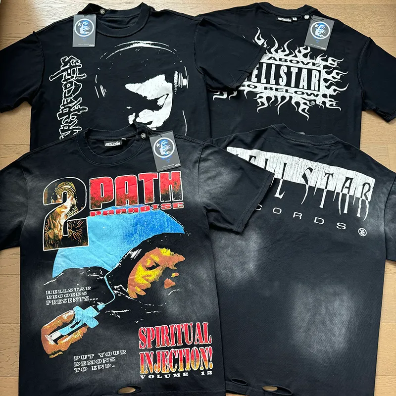 P140 Washed black reversible real shot Hellstar washed and worn reversible fashionable printed short-sleeved T-shirt Fabric: 250g 32 count fine cotton double yarn pure cotton Color: washed black + reversible + worn Size: S M L XL