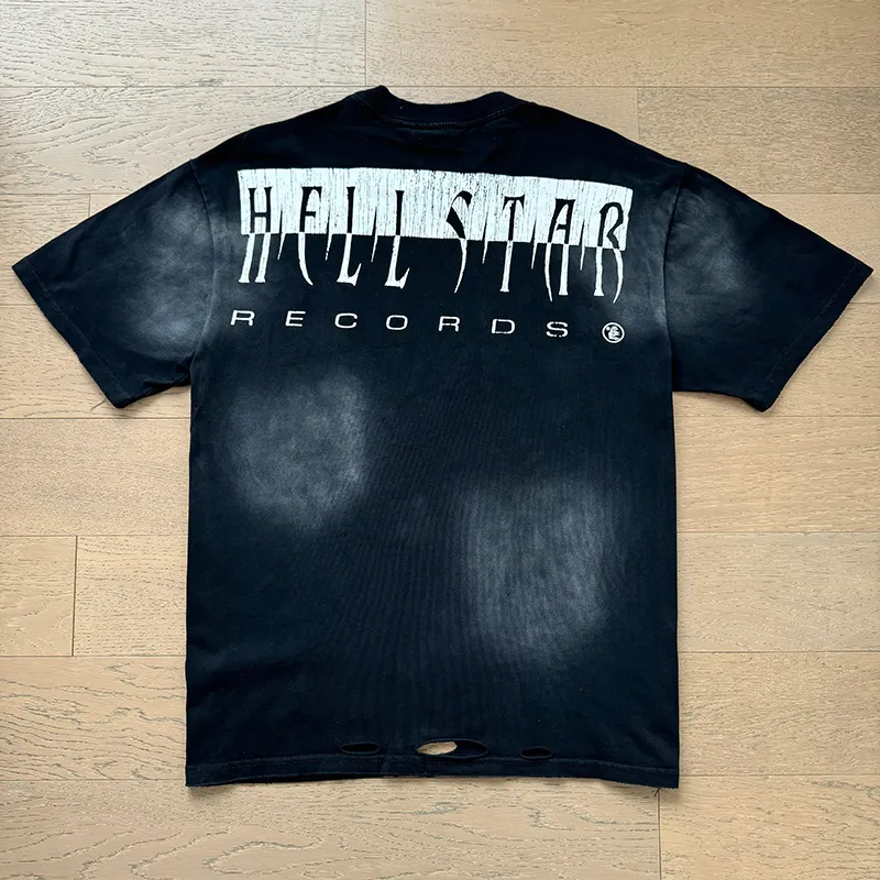 P140 Washed black reversible real shot Hellstar washed and worn reversible fashionable printed short-sleeved T-shirt Fabric: 250g 32 count fine cotton double yarn pure cotton Color: washed black + reversible + worn Size: S M L XL