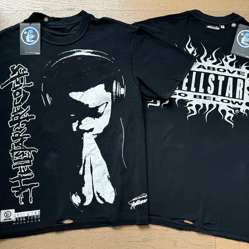 P140 Washed black reversible real shot Hellstar washed and worn reversible fashionable printed short-sleeved T-shirt Fabric: 250g 32 count fine cotton double yarn pure cotton Color: washed black + reversible + worn Size: S M L XL