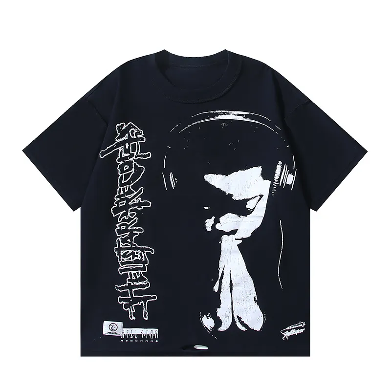 P140 Washed black reversible real shot Hellstar washed and worn reversible fashionable printed short-sleeved T-shirt Fabric: 250g 32 count fine cotton double yarn pure cotton Color: washed black + reversible + worn Size: S M L XL