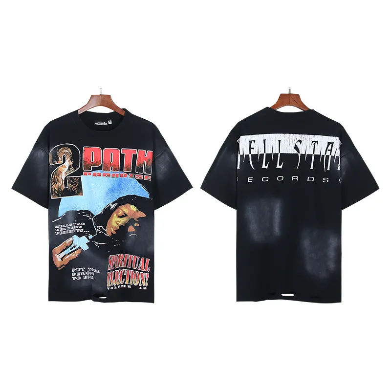 P140 Washed black reversible real shot Hellstar washed and worn reversible fashionable printed short-sleeved T-shirt Fabric: 250g 32 count fine cotton double yarn pure cotton Color: washed black + reversible + worn Size: S M L XL
