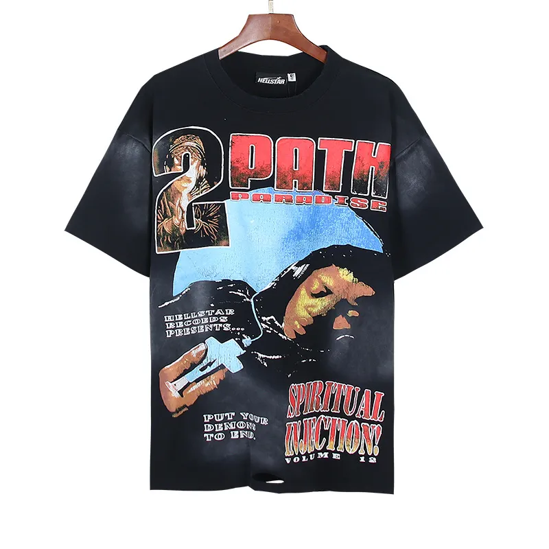 P140 Washed black reversible real shot Hellstar washed and worn reversible fashionable printed short-sleeved T-shirt Fabric: 250g 32 count fine cotton double yarn pure cotton Color: washed black + reversible + worn Size: S M L XL