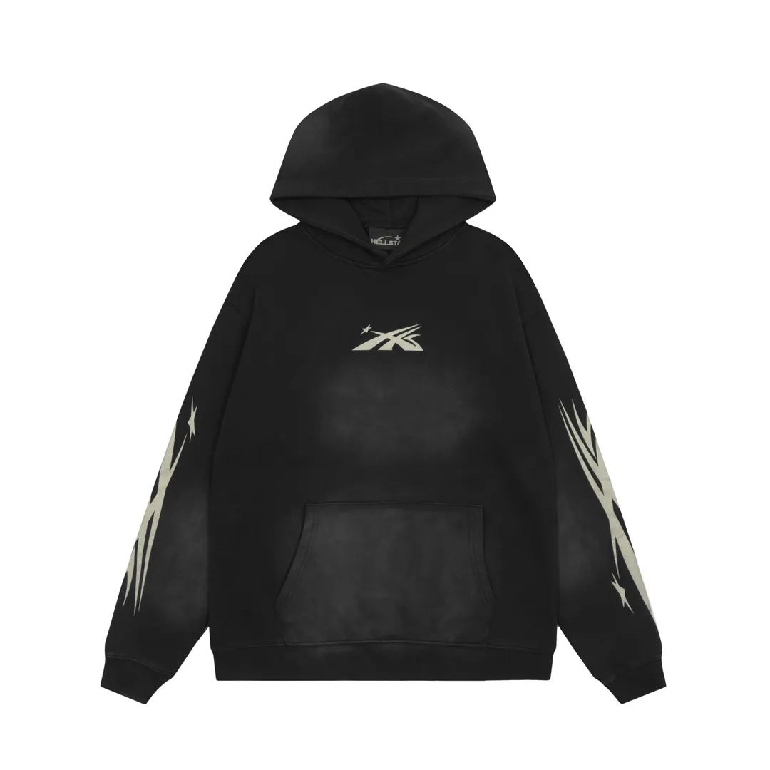 P240 Hellstar Sports Hooded Sweatshirt, a trendy pure cotton spray-on distressed sweatshirt, the new hot trendy Hellstar!  Standard beauty and trendy workmanship, original customization (fabric, pattern, printing, hang tag, main mark, etc.), exaggerated style, explosive style, dare to break through tradition, bring adventurous new fashion experience!   YoungBoy, the most popular rapper in the youth circle, has shot a lot of models for him, and celebrities such as Dababy and Swae Lee frequently get dressed!  color: black Size: S, M, L, XL