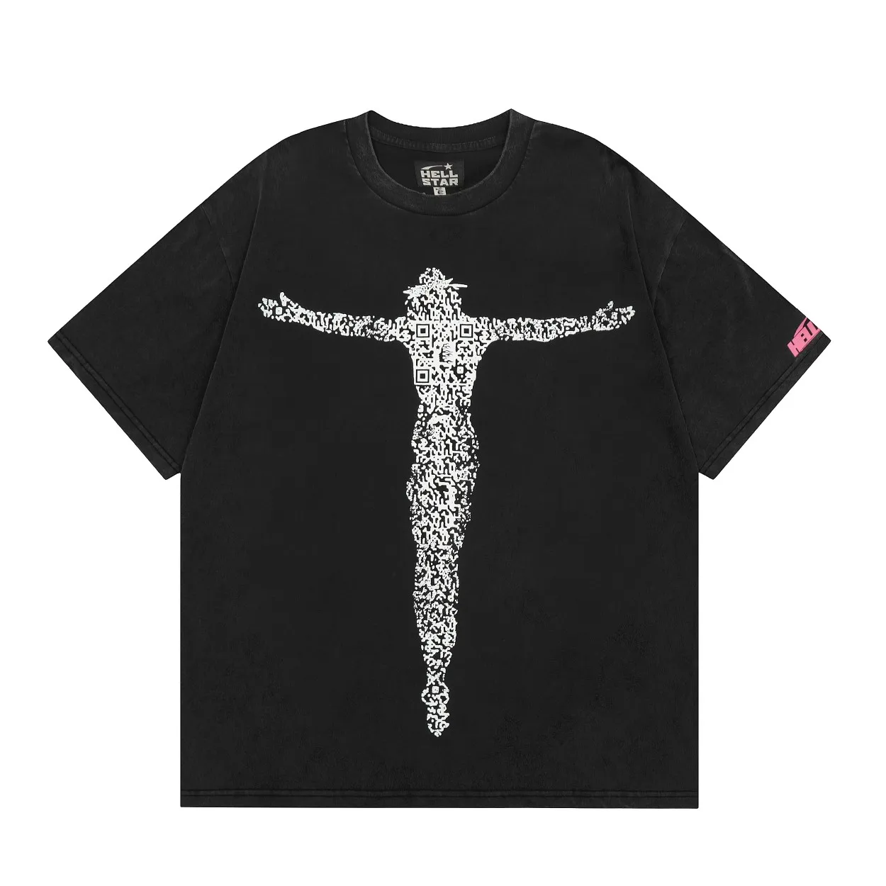 P126 Hellstar Studios QR Christ Short Sleeve Tee Shirt Washed Vintage Black Hellstar washed and distressed high-quality short-sleeved T-shirt The new hot beauty trend Hellstar! Standard beauty and trendy workmanship, original customization (fabric, pattern, printing, hang tag, main mark, etc.), exaggerated style, explosive style, dare to break through tradition, bring adventurous new fashion experience!  YoungBoy, the most popular rapper in the youth circle, has shot a lot of models for him, and celebrities such as Dababy and Swae Lee frequently get dressed!  color: Vintage Black (washed black) size: S, M, L, XL