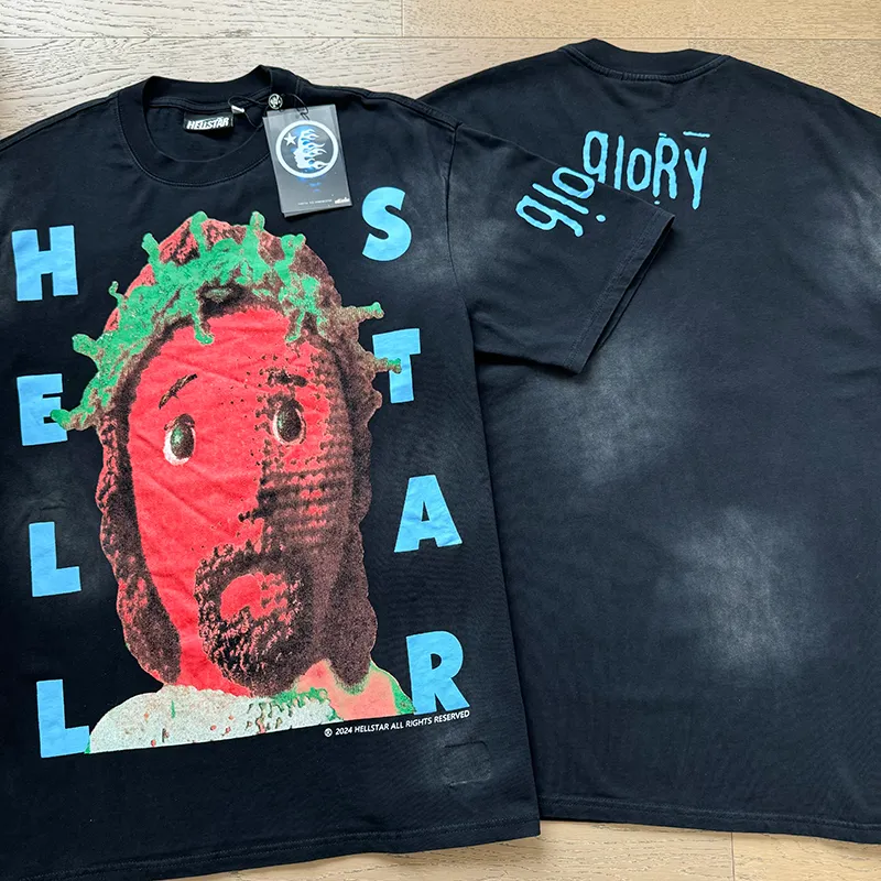P130 6730#washed black Real shot Hellstar washed retro beauty trend printed short-sleeved T-shirt Fabric: 250g 32 count fine cotton double yarn pure cotton Color: washed black Size: S M L XL