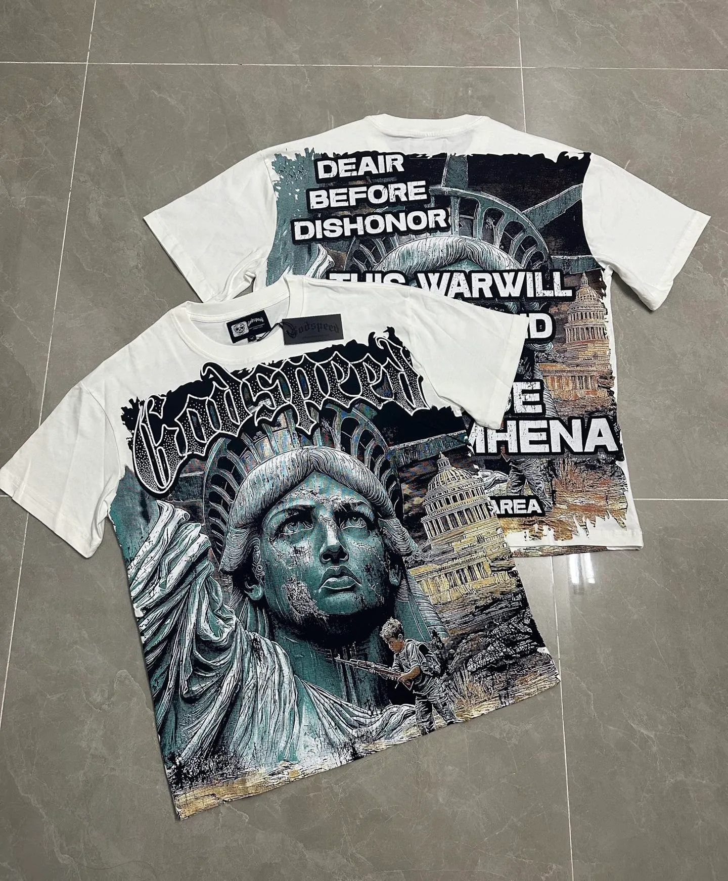 P116 5133#White｜Godspeed cross-border American rock and roll street washed retro style short-sleeved T (craft printing) fabric (fabric): 32-count combed double yarn 240 grams weight code number (size): S-M-L-XL color (colour): white