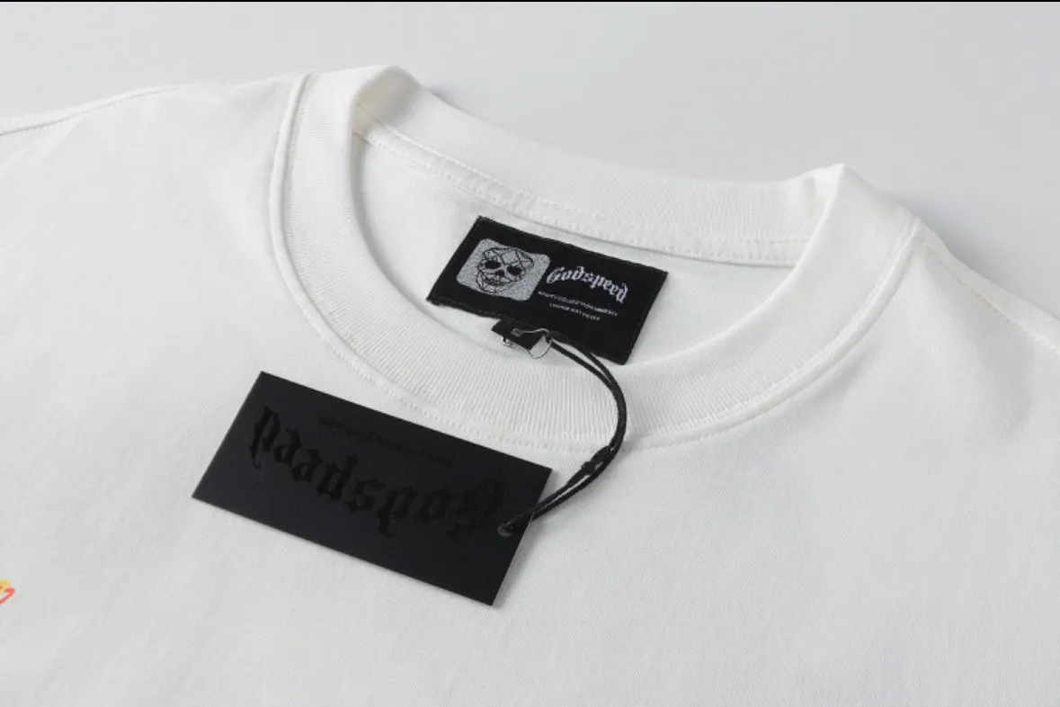 P116 5133#White｜Godspeed cross-border American rock and roll street washed retro style short-sleeved T (craft printing) fabric (fabric): 32-count combed double yarn 240 grams weight code number (size): S-M-L-XL color (colour): white
