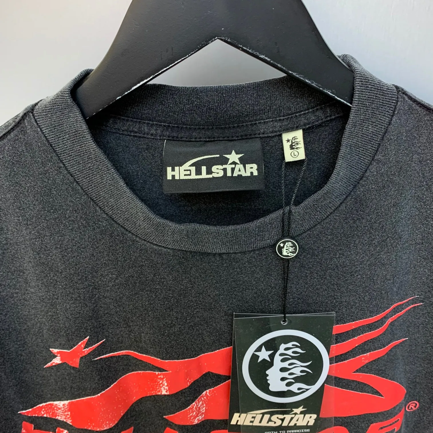 P126 Custom Cut and sew garment in Los Angeles. Dyed and potassium sprayed with jumbo screen print. Fits slightly oversized. Gentle wash tumble dry. Dry clean preferred Newly popular Hellstar short-sleeved T-shirt!  Standard beauty and trendy workmanship, original customization (fabric, pattern, printing, hang tag, main mark, etc.), exaggerated style, explosive style, dare to break through tradition, bring adventurous new fashion experience!  YoungBoy, the most popular rapper in the youth circle, has shot a lot of models for him, and celebrities such as Dababy and Swae Lee frequently get dressed!  color: Vintage Black (washed black)