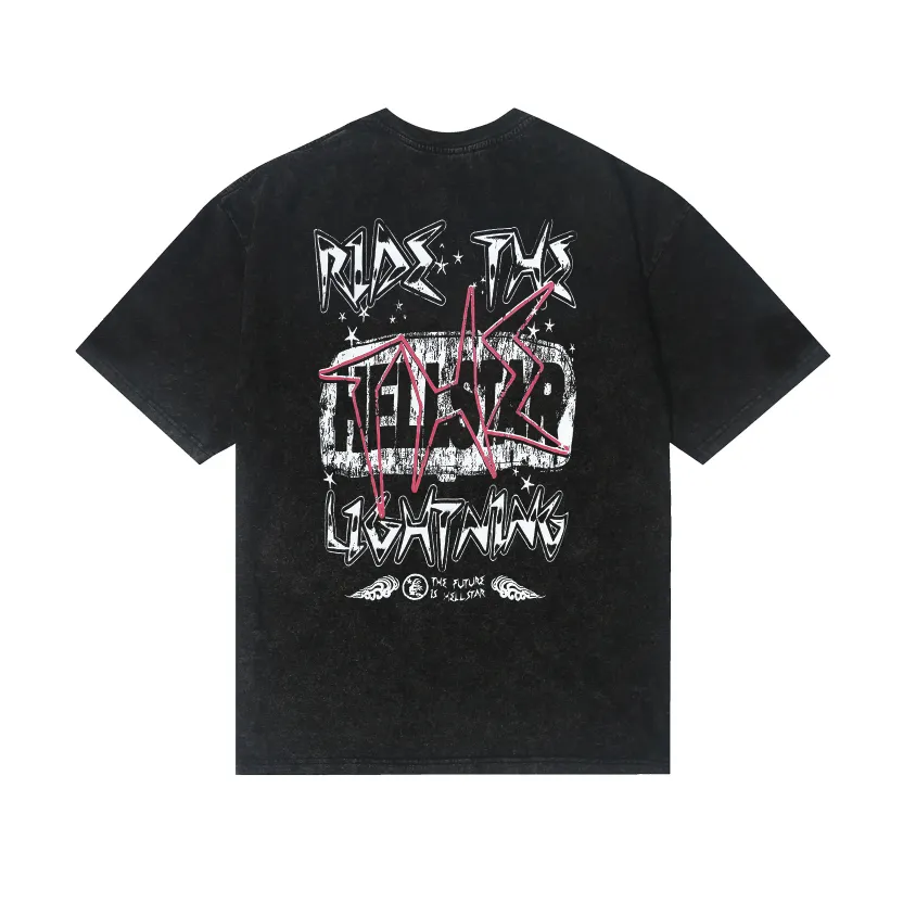 7730# P124 Washed Hellstar Hellstar ins same style retro printed tops for men and women, casual and trendy pure cotton washed short-sleeved T-shirt Color: Black Size: S M L XL