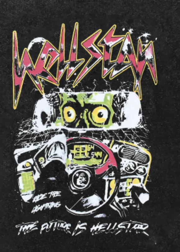 7730# P124 Washed Hellstar Hellstar ins same style retro printed tops for men and women, casual and trendy pure cotton washed short-sleeved T-shirt Color: Black Size: S M L XL