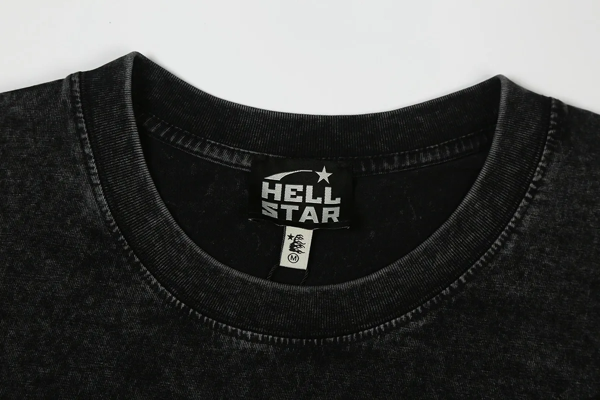 7739# P124 Washed Hellstar Hellstar ins same style retro printed tops for men and women, casual and trendy pure cotton washed short-sleeved T-shirt Color: Black Size: S M L XL