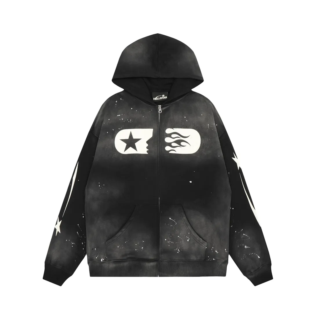 P240 HELLSTAR STUDIOS ZIP HOODIE old splash ink spray maliu splash ink heavy industry hoodie sweatshirt cardigan jacket new hot beauty trend Hellstar! Standard beauty and trendy workmanship, original customization (fabric, pattern, printing, hang tag, main mark, etc.), exaggerated style, explosive style, dare to break through tradition, bring adventurous new fashion experience!   YoungBoy, the most popular rapper in the youth circle, has shot a lot of models for him, and celebrities such as Dababy and Swae Lee frequently get dressed!  color: black Size: S, M, L, XL