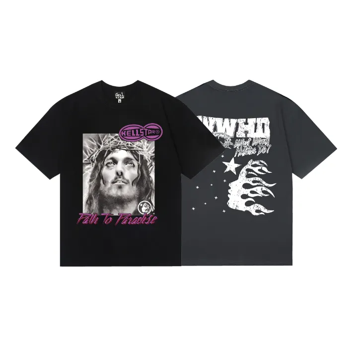 6726# P116 Hellstar American fashion high street pure cotton loose short-sleeved T-shirt Color: Black Gray Size: S M L XL