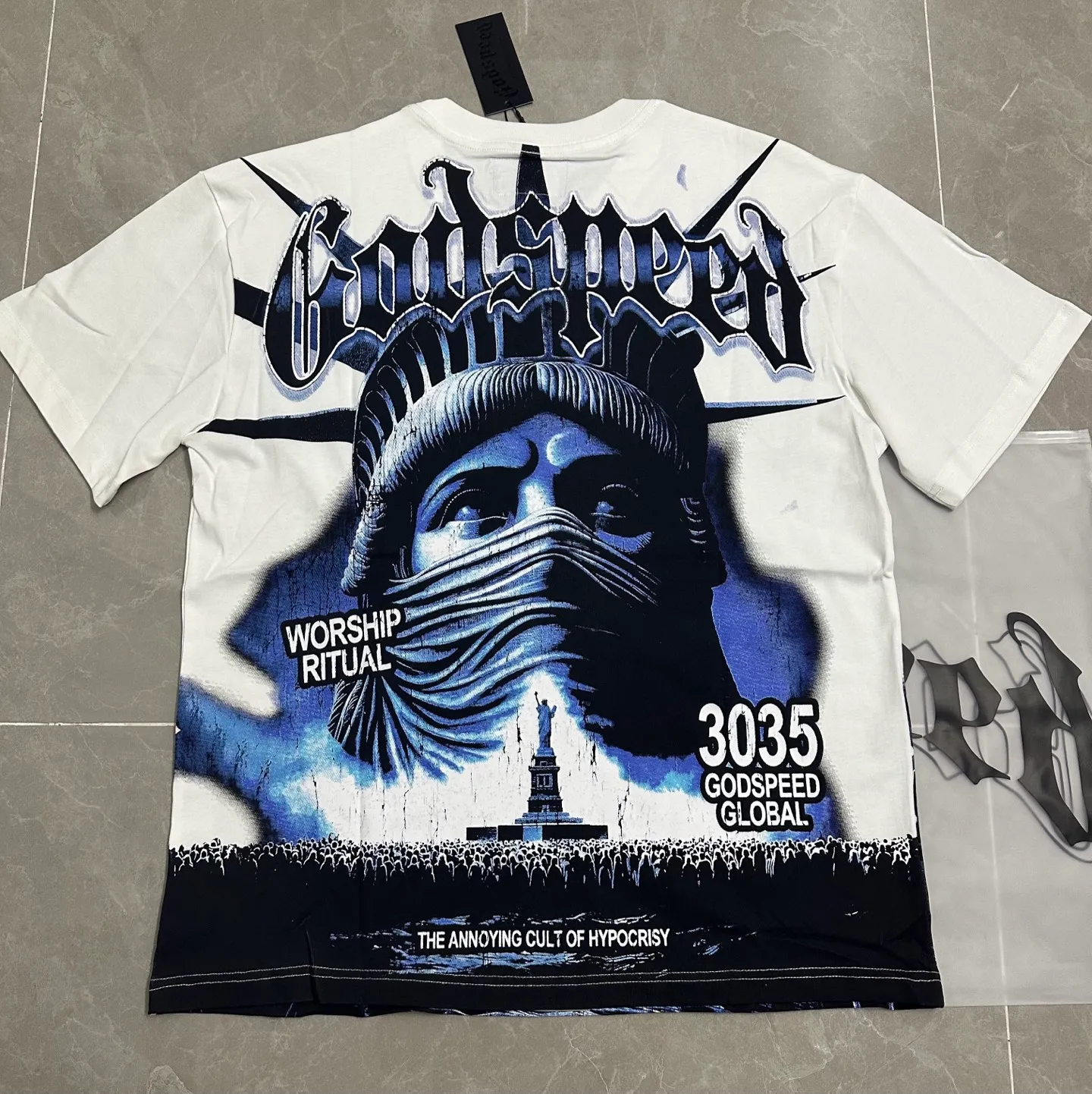 P116 5138# White I Real shot in stock (new high-definition printing) Godspeed cross-border American rock and roll street washed retro style short-sleeved T (craft printing) fabric (fabric) 32 counts combed double yarn 240 grams weight code number (size): S-M-L-XL color (colour): white 👉
