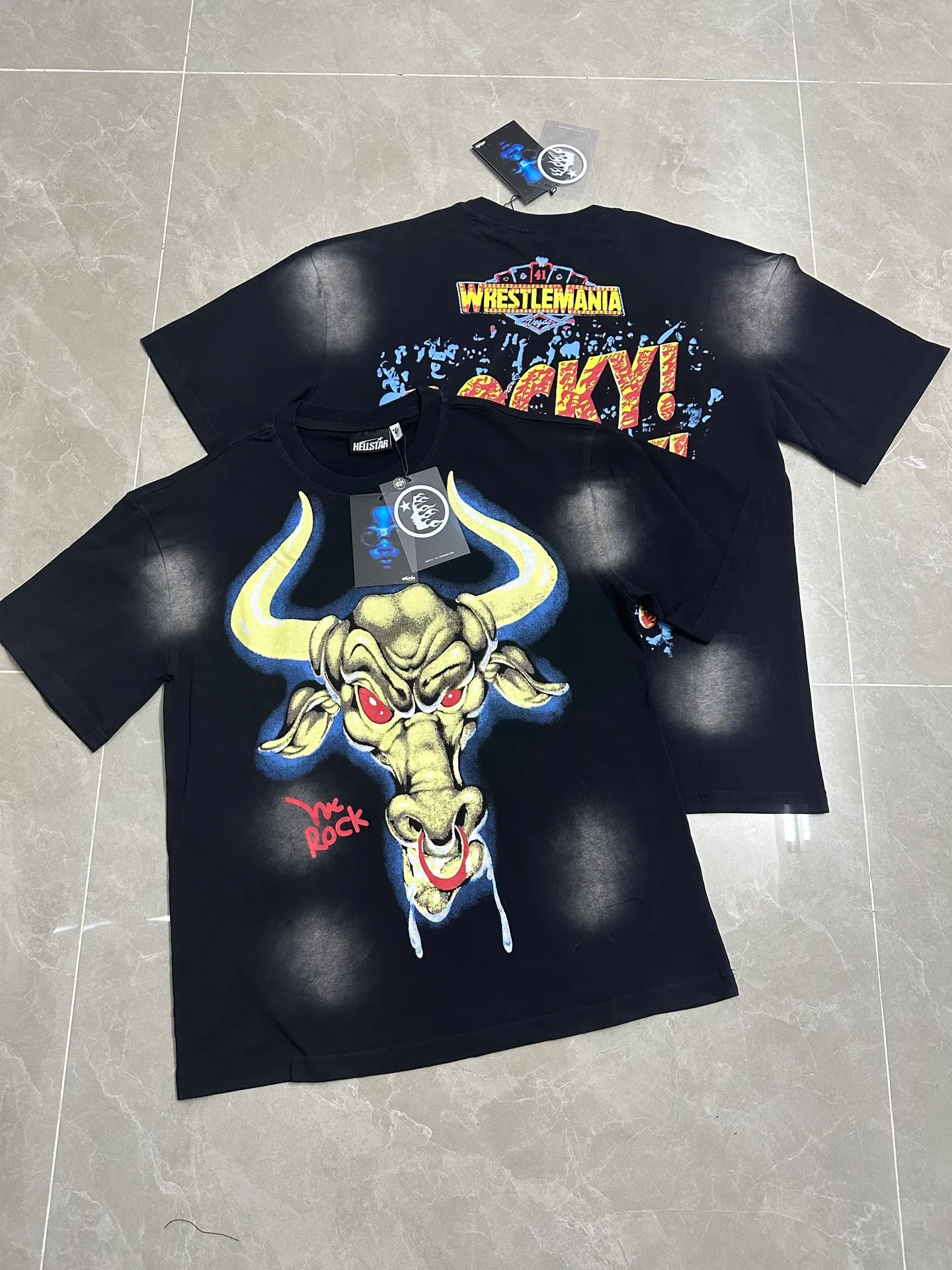 P124 Real stock Hellstar Cross-border European and American style street brand pure cotton T-shirt Fabric (fabric): 32 pieces of 250g washed combed double yarn pure cotton Size (size): S-M- L- X L Color (colour): Washed black (spray Ma Liu)