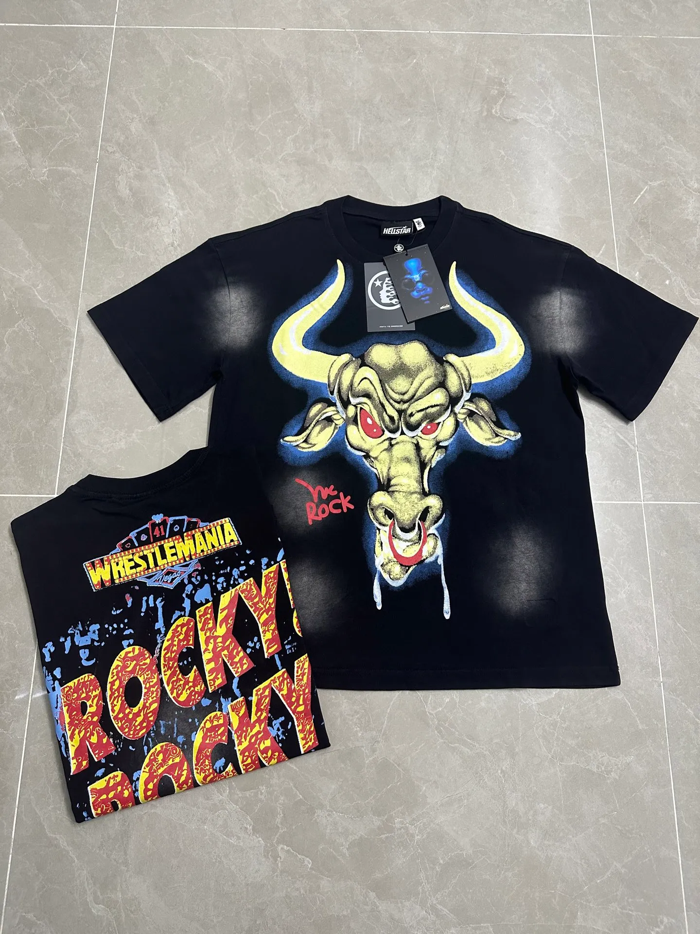 P124 Real stock Hellstar Cross-border European and American style street brand pure cotton T-shirt Fabric (fabric): 32 pieces of 250g washed combed double yarn pure cotton Size (size): S-M- L- X L Color (colour): Washed black (spray Ma Liu)