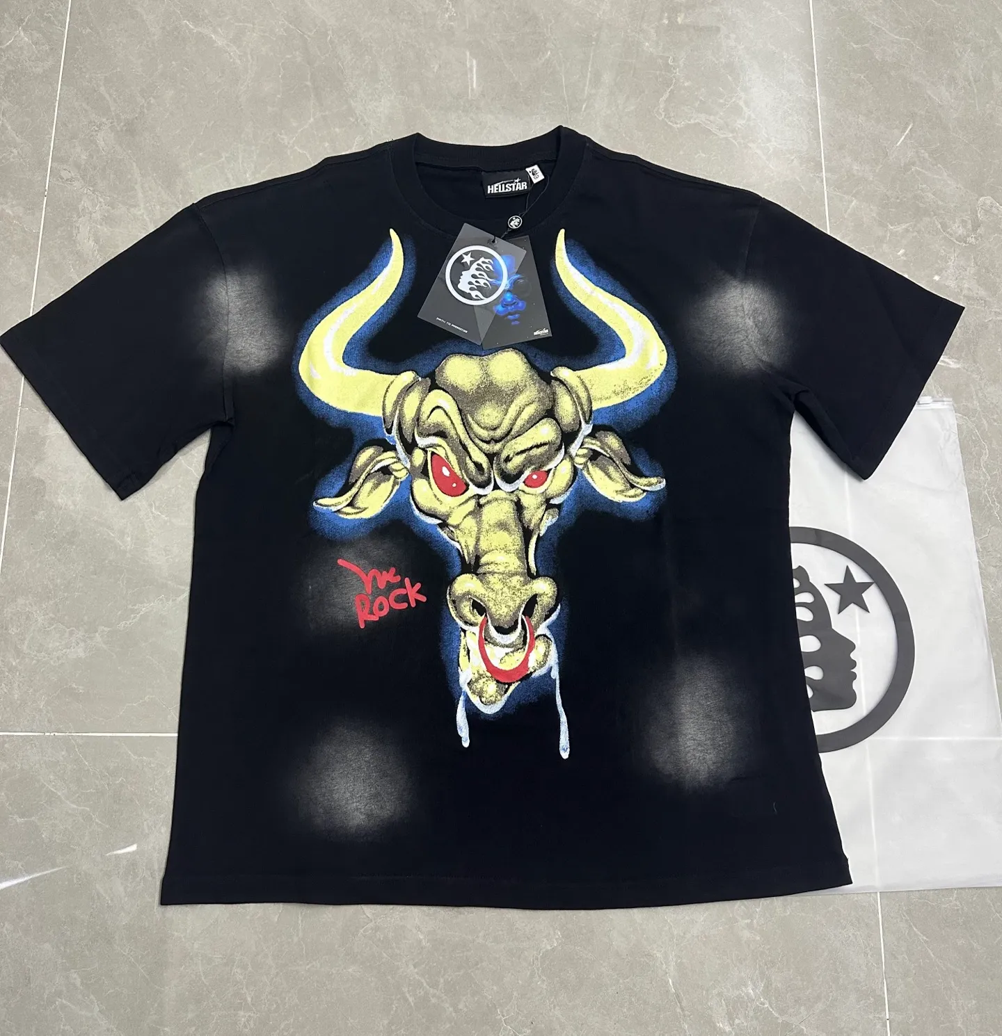 P124 Real stock Hellstar Cross-border European and American style street brand pure cotton T-shirt Fabric (fabric): 32 pieces of 250g washed combed double yarn pure cotton Size (size): S-M- L- X L Color (colour): Washed black (spray Ma Liu)