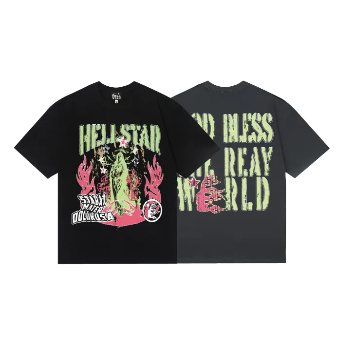 6785# P116 Hellstar American fashion high street pure cotton loose short-sleeved T-shirt Color: Black Gray Size: S M L XL
