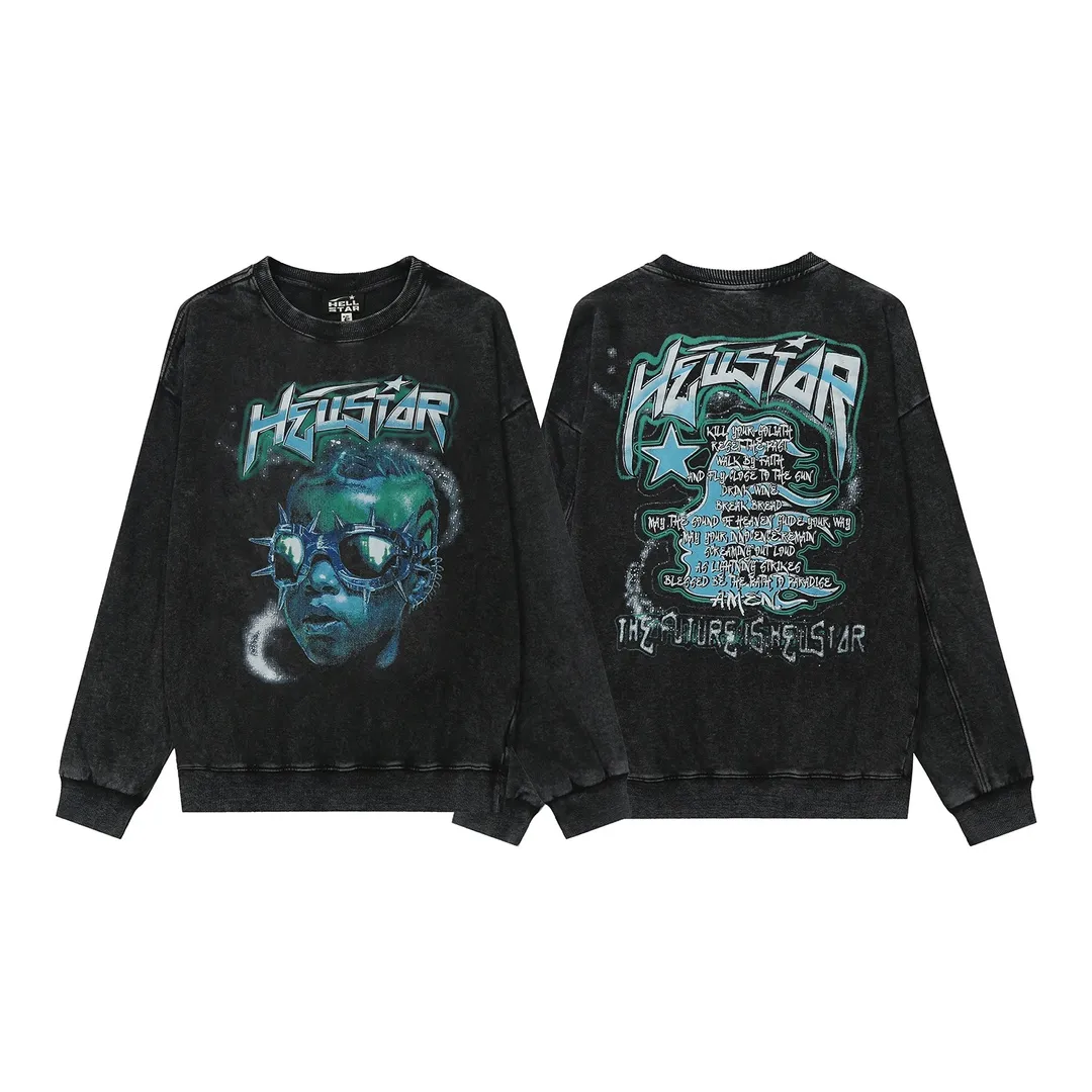 2207# P176 Washed European and American trendy brand Hellstar Washed and distressed American men and women couples casual loose round neck pocketless pullover sweatshirt Color: Black Size: S M L XL