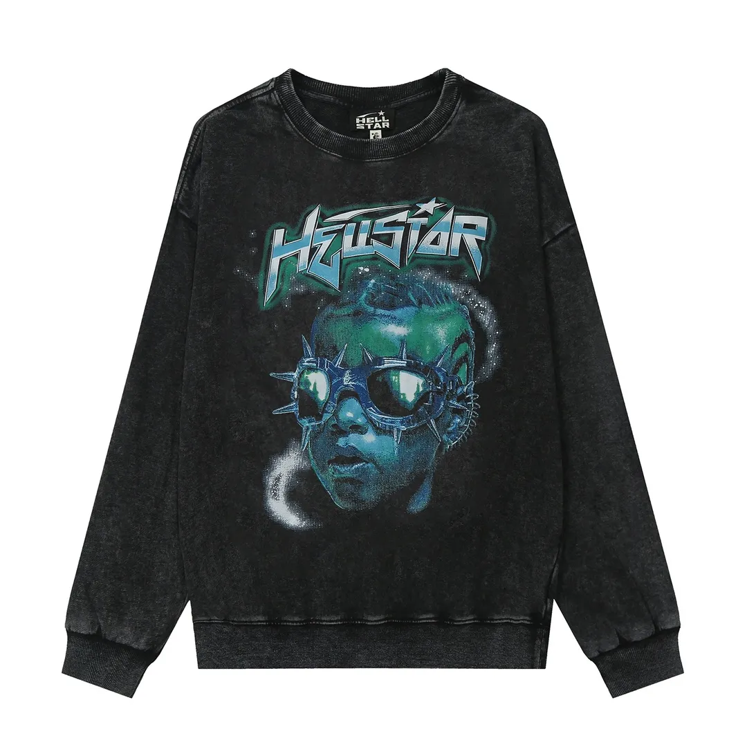 2207# P176 Washed European and American trendy brand Hellstar Washed and distressed American men and women couples casual loose round neck pocketless pullover sweatshirt Color: Black Size: S M L XL