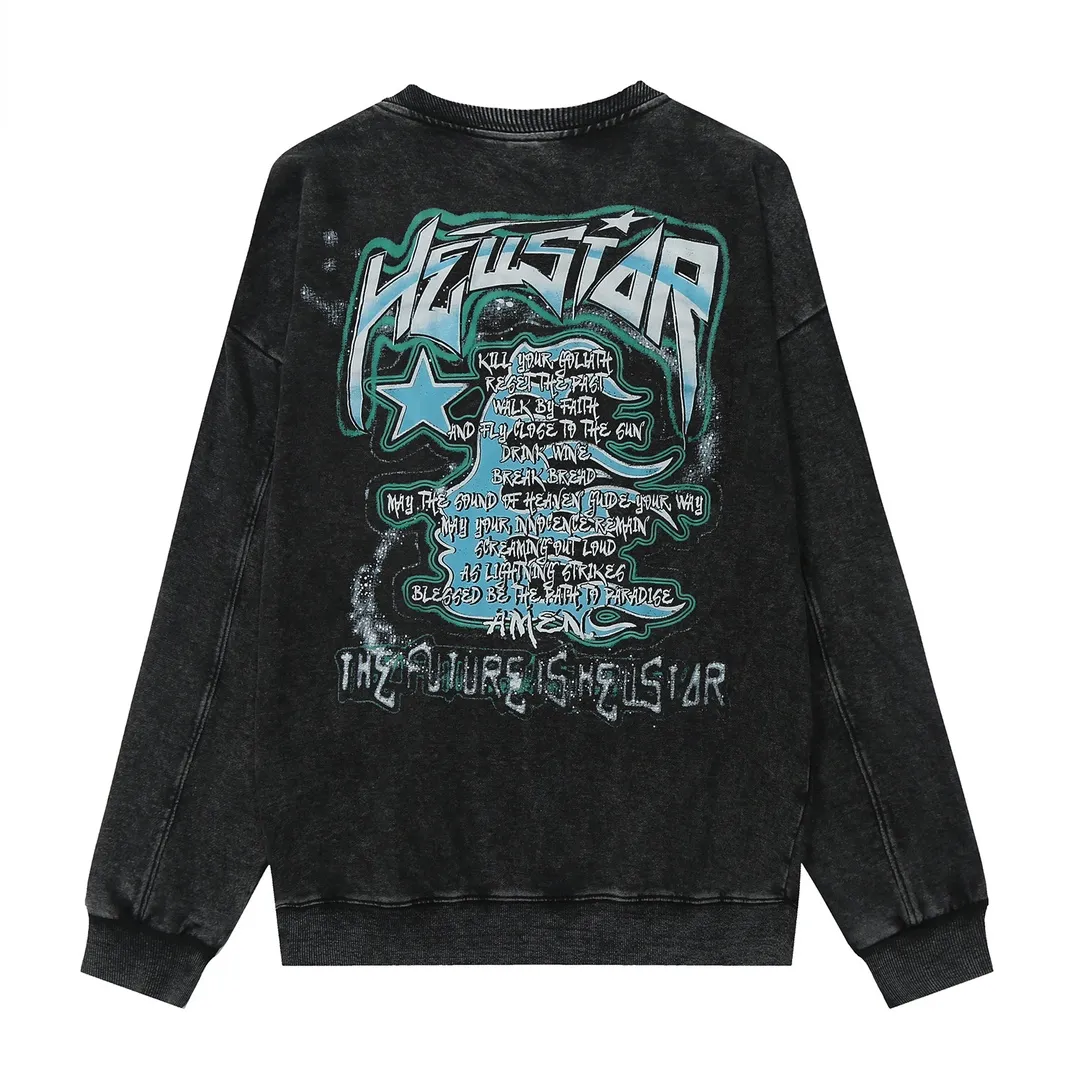 2207# P176 Washed European and American trendy brand Hellstar Washed and distressed American men and women couples casual loose round neck pocketless pullover sweatshirt Color: Black Size: S M L XL