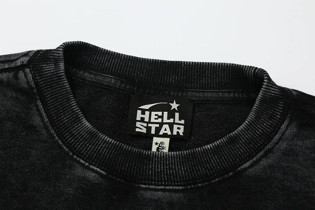 2207# P176 Washed European and American trendy brand Hellstar Washed and distressed American men and women couples casual loose round neck pocketless pullover sweatshirt Color: Black Size: S M L XL