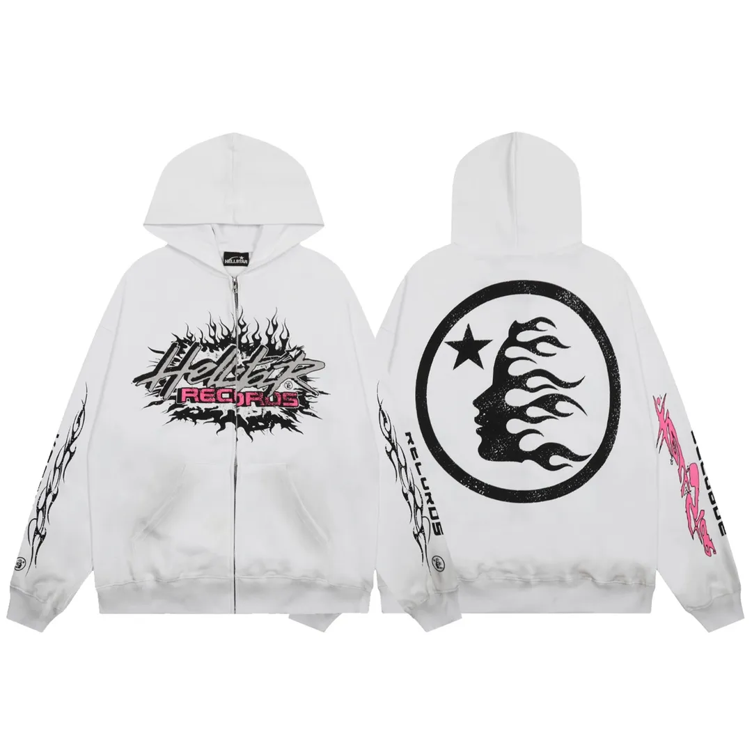 P240 HELLSTAR RECORDS GLITTER ZIP-UP High-quality pure cotton cardigan and sweatshirt jacket The new hot beauty trend Hellstar!  Standard beauty and trendy workmanship, original customization (fabric, pattern, printing, hang tag, main mark, etc.), exaggerated style, explosive style, dare to break through tradition, bring adventurous new fashion experience!   YoungBoy, the most popular rapper in the youth circle, has shot a lot of models for him, and celebrities such as Dababy and Swae Lee frequently get dressed!  color: WHITE Size: S, M, L, XL