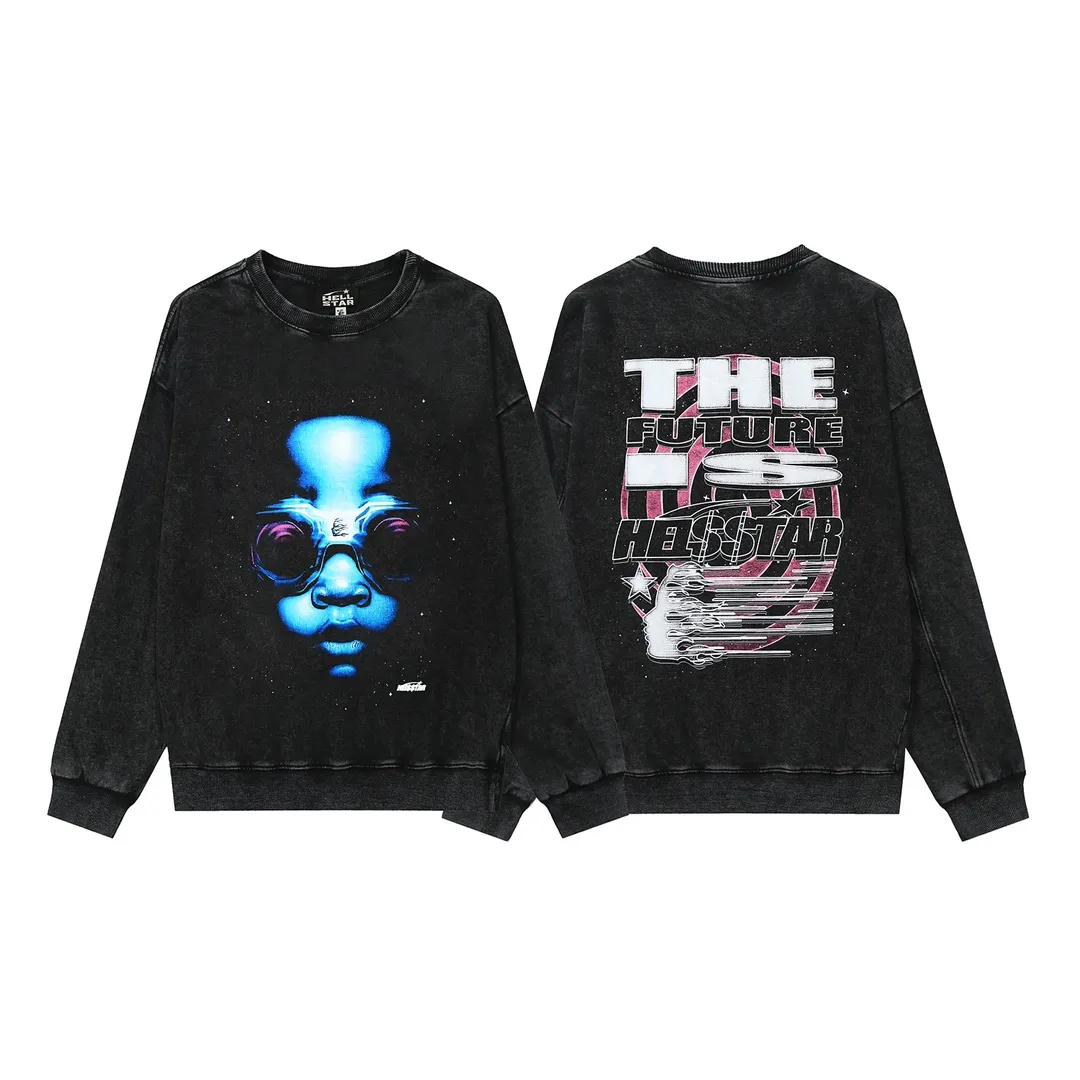 2206# P176 Washed European and American trendy brand Hellstar Washed and distressed American men and women couples casual loose round neck pocketless pullover sweatshirt Color: Black Size: S M L XL