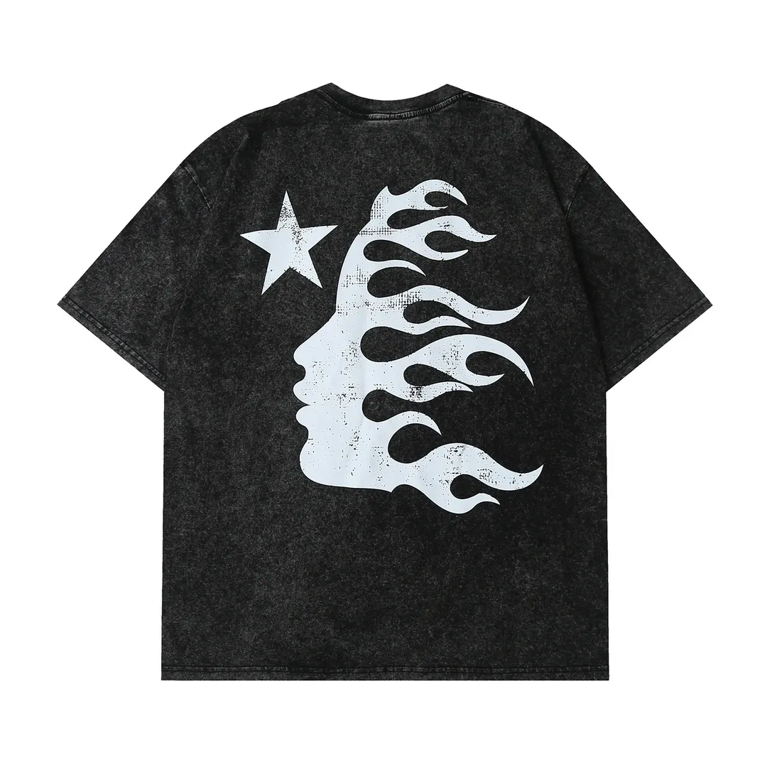 7710# P124 Washed Hellstar Hellstar ins same style retro printed tops for men and women, casual and trendy pure cotton washed short-sleeved T-shirt Color: Black Size: S M L XL