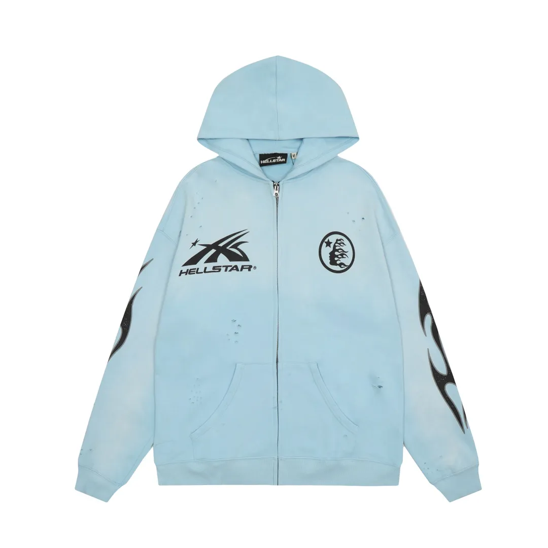 P240 HELLSTAR STUDIOS ZIP HOODIE American fashion classic logo printed washed and worn hoodie sweatshirt cardigan jacket New hot beauty fashion Hellstar!  Standard beauty and trendy workmanship, original customization (fabric, pattern, printing, hangtag, main mark, etc.), exaggerated style, explosive style, dare to break through tradition, bring adventurous new fashion experience!   YoungBoy, the most popular rapper in the youth circle, has shot a lot of models for him, and celebrities such as Dababy and Swae Lee frequently get dressed!  color: blue Size: S, M, L, XL