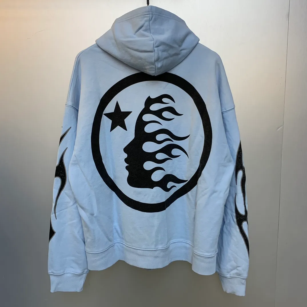 P240 HELLSTAR STUDIOS ZIP HOODIE American fashion classic logo printed washed and worn hoodie sweatshirt cardigan jacket New hot beauty fashion Hellstar!  Standard beauty and trendy workmanship, original customization (fabric, pattern, printing, hangtag, main mark, etc.), exaggerated style, explosive style, dare to break through tradition, bring adventurous new fashion experience!   YoungBoy, the most popular rapper in the youth circle, has shot a lot of models for him, and celebrities such as Dababy and Swae Lee frequently get dressed!  color: blue Size: S, M, L, XL