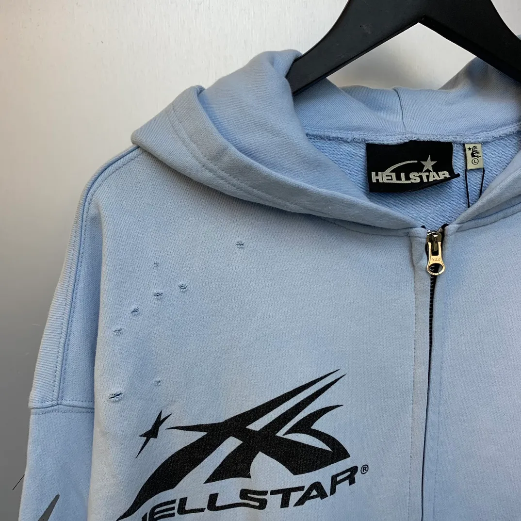 P240 HELLSTAR STUDIOS ZIP HOODIE American fashion classic logo printed washed and worn hoodie sweatshirt cardigan jacket New hot beauty fashion Hellstar!  Standard beauty and trendy workmanship, original customization (fabric, pattern, printing, hangtag, main mark, etc.), exaggerated style, explosive style, dare to break through tradition, bring adventurous new fashion experience!   YoungBoy, the most popular rapper in the youth circle, has shot a lot of models for him, and celebrities such as Dababy and Swae Lee frequently get dressed!  color: blue Size: S, M, L, XL