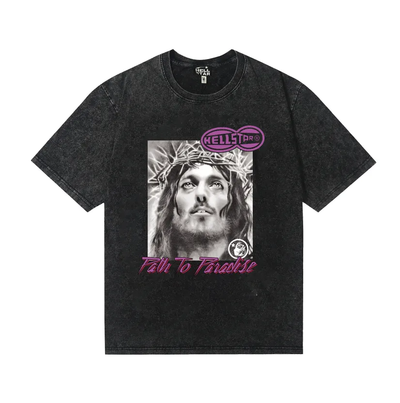 7738# P124 Washed Hellstar Hellstar ins same style retro printed tops for men and women, casual and trendy pure cotton washed short-sleeved T-shirt Color: Black Size: S M L XL
