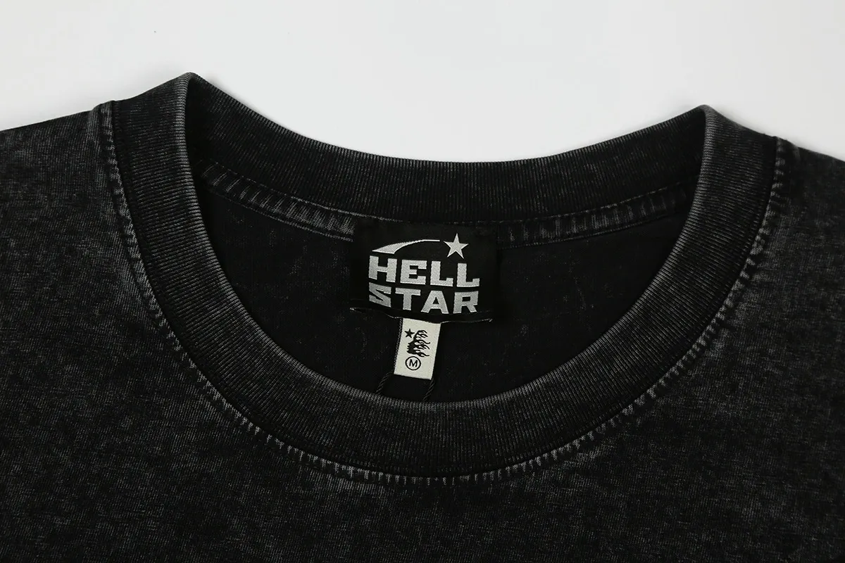 7738# P124 Washed Hellstar Hellstar ins same style retro printed tops for men and women, casual and trendy pure cotton washed short-sleeved T-shirt Color: Black Size: S M L XL