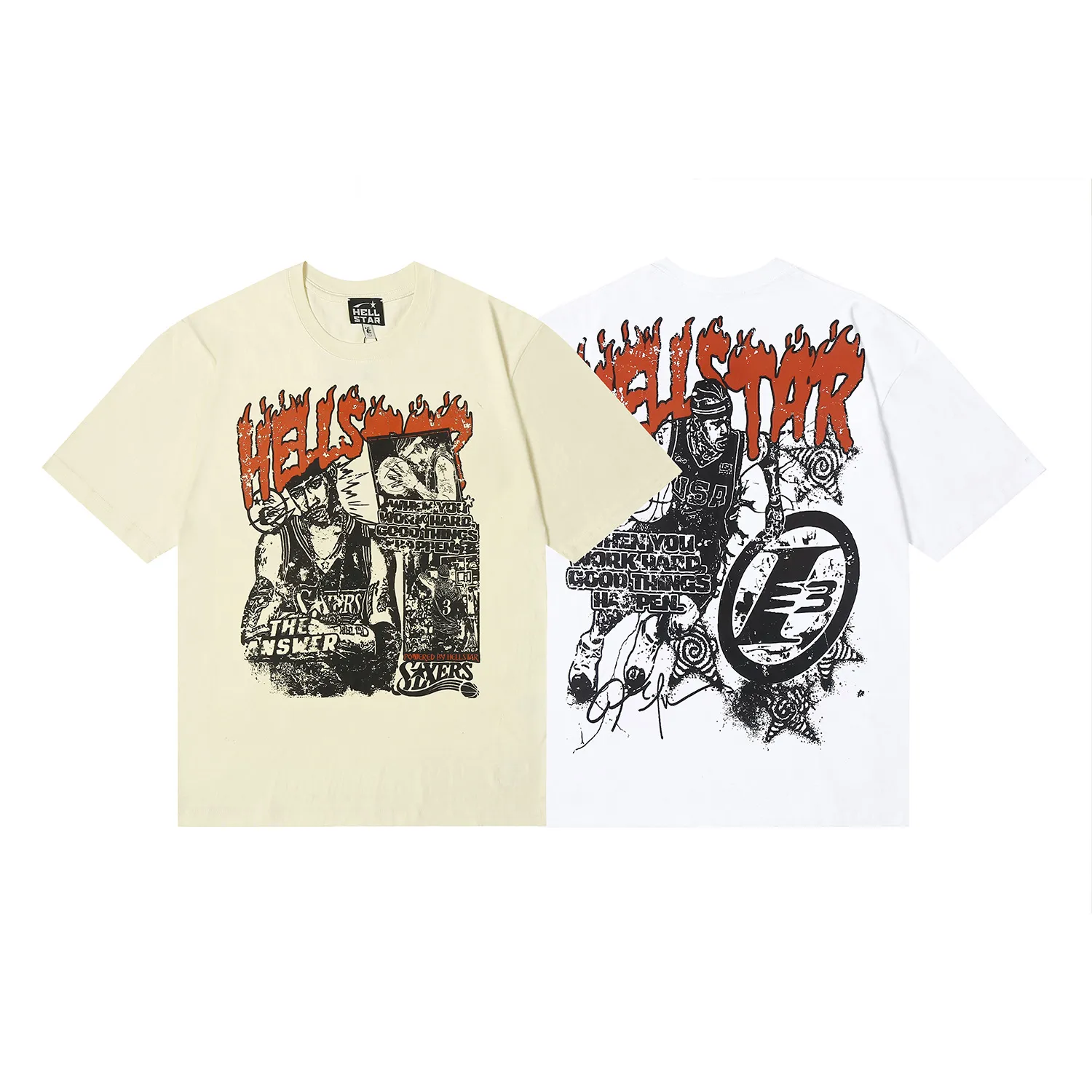 6675# P116 Hellstar American fashion high street pure cotton loose short-sleeved T-shirt Color: Apricot Black Size: S M L XL