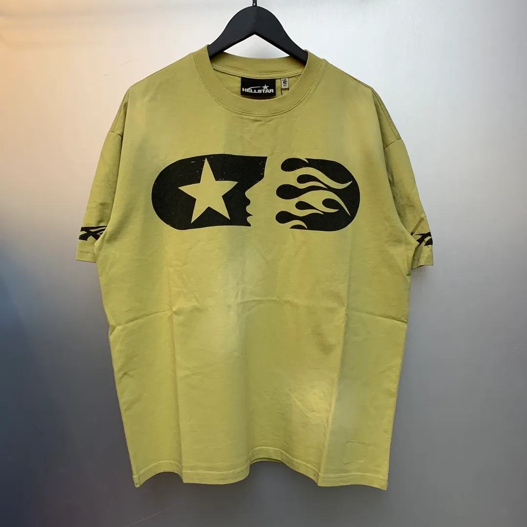 P126 Hellstar Marathon T-Shirt (Yellow) Custom Cut and sew garment manufactured in Los Angeles. Dyed and potassium sprayed with jumbo screen print. Fits slightly oversized. Gentle wash tumble dry. Dry clean preferred Newly popular and trendy Hellstar short-sleeved T-shirt!   Standard beauty and trendy workmanship, original customization (fabric, pattern, printing, hang tag, main mark, etc.), exaggerated style, explosive style, dare to break through tradition, bring adventurous new fashion experience!  YoungBoy, the most popular rapper in the youth circle, has shot a lot of models for him, and celebrities such as Dababy and Swae Lee frequently get dressed!   color: yellow size: S, M, L, XL