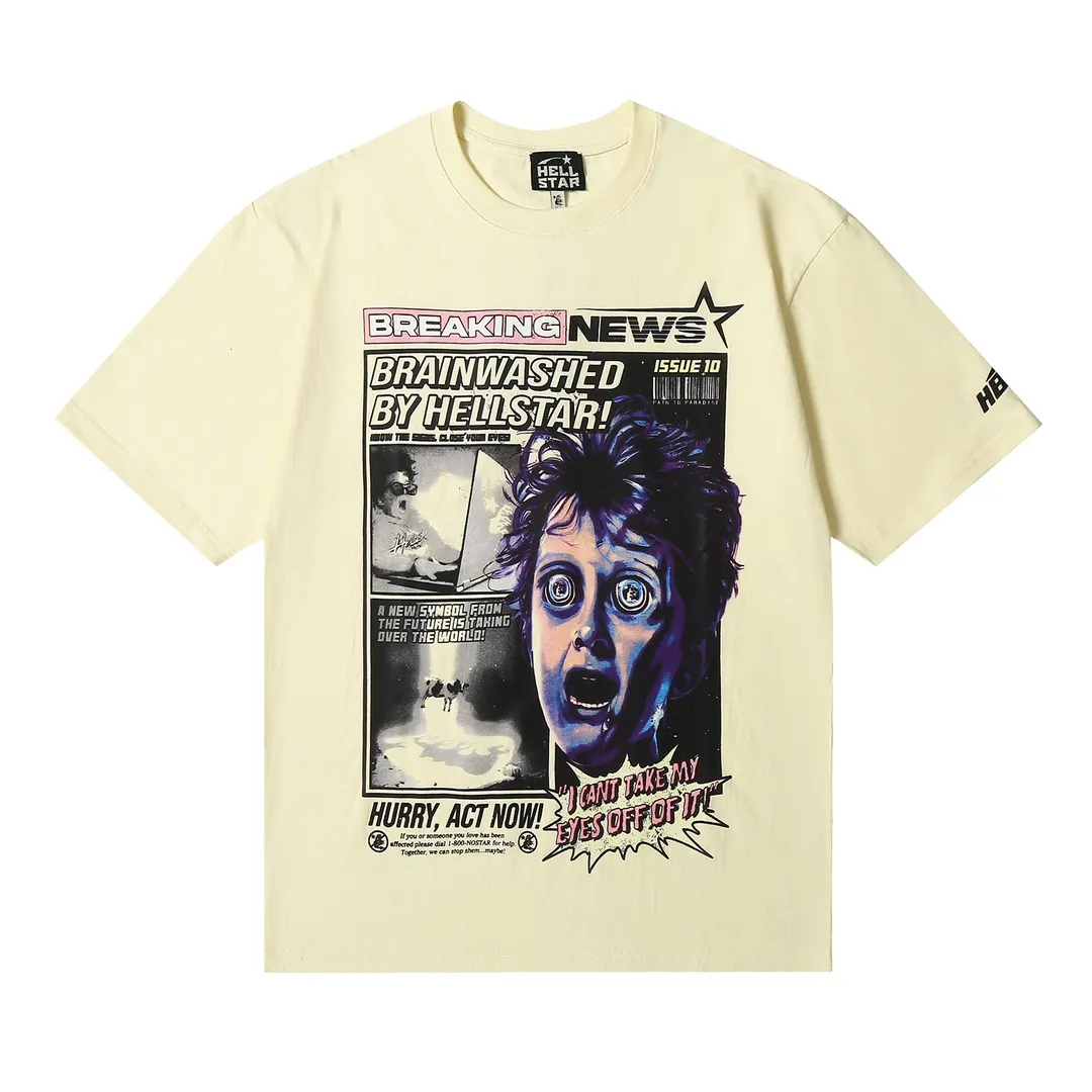 6615# P116 Hellstar short-sleeved Hellstar Rapper star fashion brand American fashion print high street retro T-shirt Color: White Apricot Black Size: S M L XL