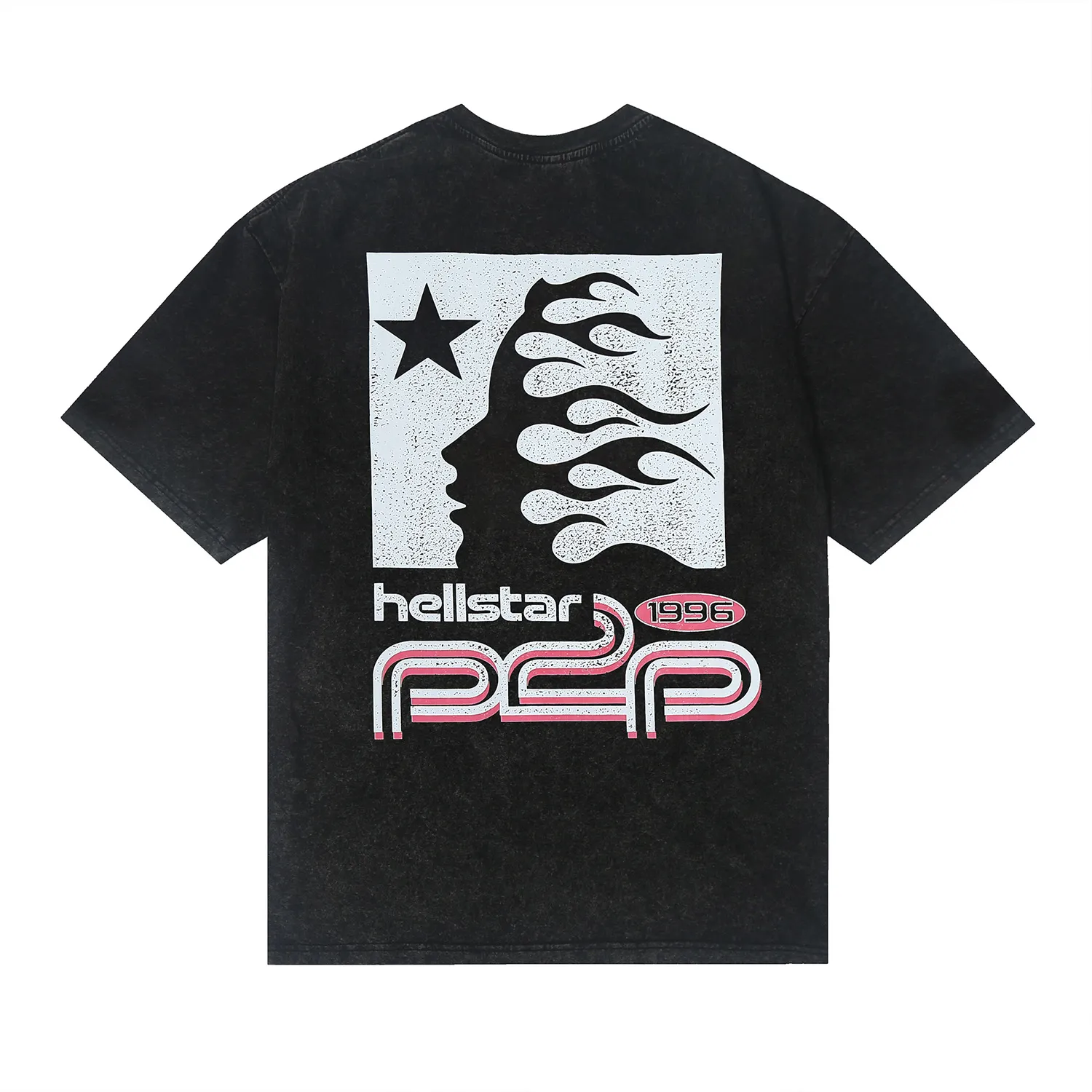 7721# P124 Washed Hellstar Hellstar ins same style retro printed tops for men and women, casual and trendy pure cotton washed short-sleeved T-shirt Color: Black Size: S M L XL