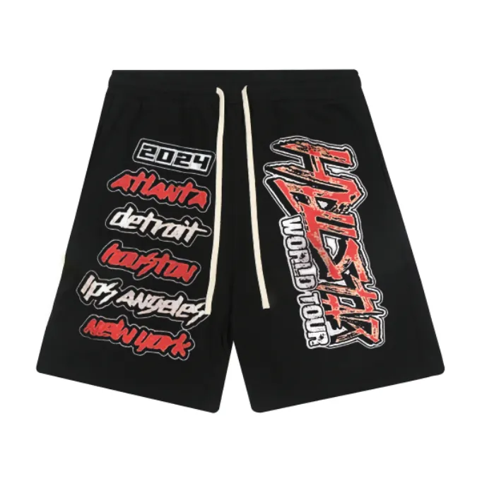 1110# P150 Hellstar pure cotton terry 350g printed casual shorts Color: Black Size: S M L XL