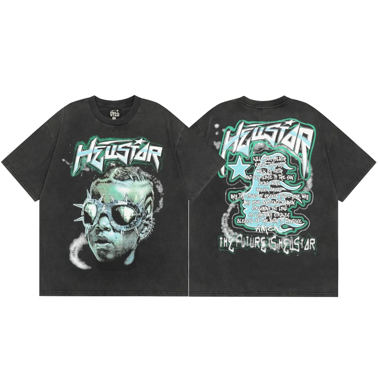 P126 Hellstar Studios The Future Short Sleeve Tee Shirt Washed Black Hellstar Future's washed and distressed short-sleeved T-shirt The new hot beauty trend Hellstar! Standard beauty and trendy workmanship, original customization (fabric, pattern, printing, hang tag, main mark, etc.), exaggerated style, explosive style, dare to break through tradition, bring adventurous new fashion experience!  YoungBoy, the most popular rapper in the youth circle, has shot a lot of models for him, and celebrities such as Dababy and Swae Lee frequently get dressed!  color: Vintage Black (washed black) size: S, M, L, XL