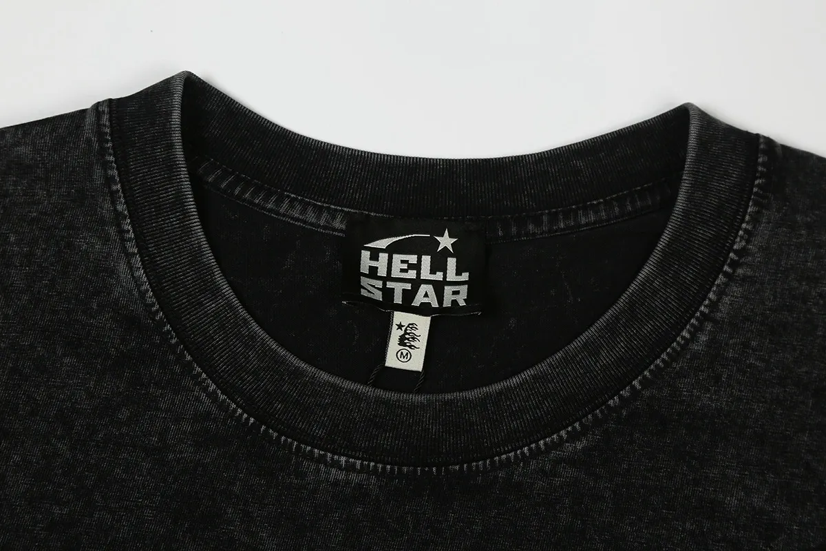 7737# P124 Washed Hellstar Hellstar ins same style retro printed tops for men and women, casual and trendy pure cotton washed short-sleeved T-shirt Color: Black Size: S M L XL