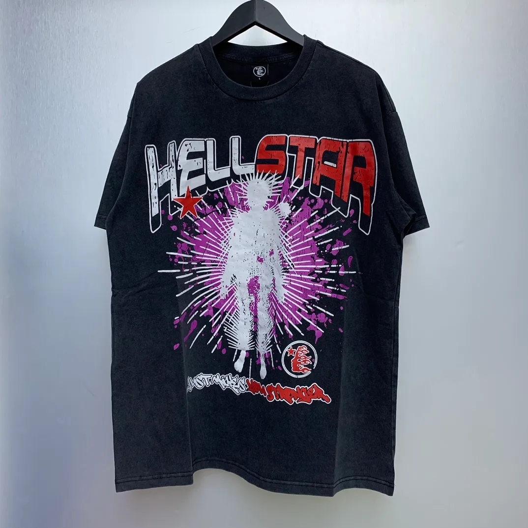 P134 Custom Cut and sew garment in Los Angeles. Dyed and potassium sprayed with jumbo screen print. Fits slightly oversized. Gentle wash tumble dry. Dry clean preferred Newly popular Hellstar short-sleeved T-shirt!   Standard beauty and trendy workmanship, original customization (fabric, pattern, printing, hang tag, main mark, etc.), exaggerated style, explosive style, dare to break through tradition, bring adventurous new fashion experience!  YoungBoy, the most popular rapper in the youth circle, has shot a lot of models for him, and celebrities such as Dababy and Swae Lee frequently get dressed!  color: Vintage Black (washed black)