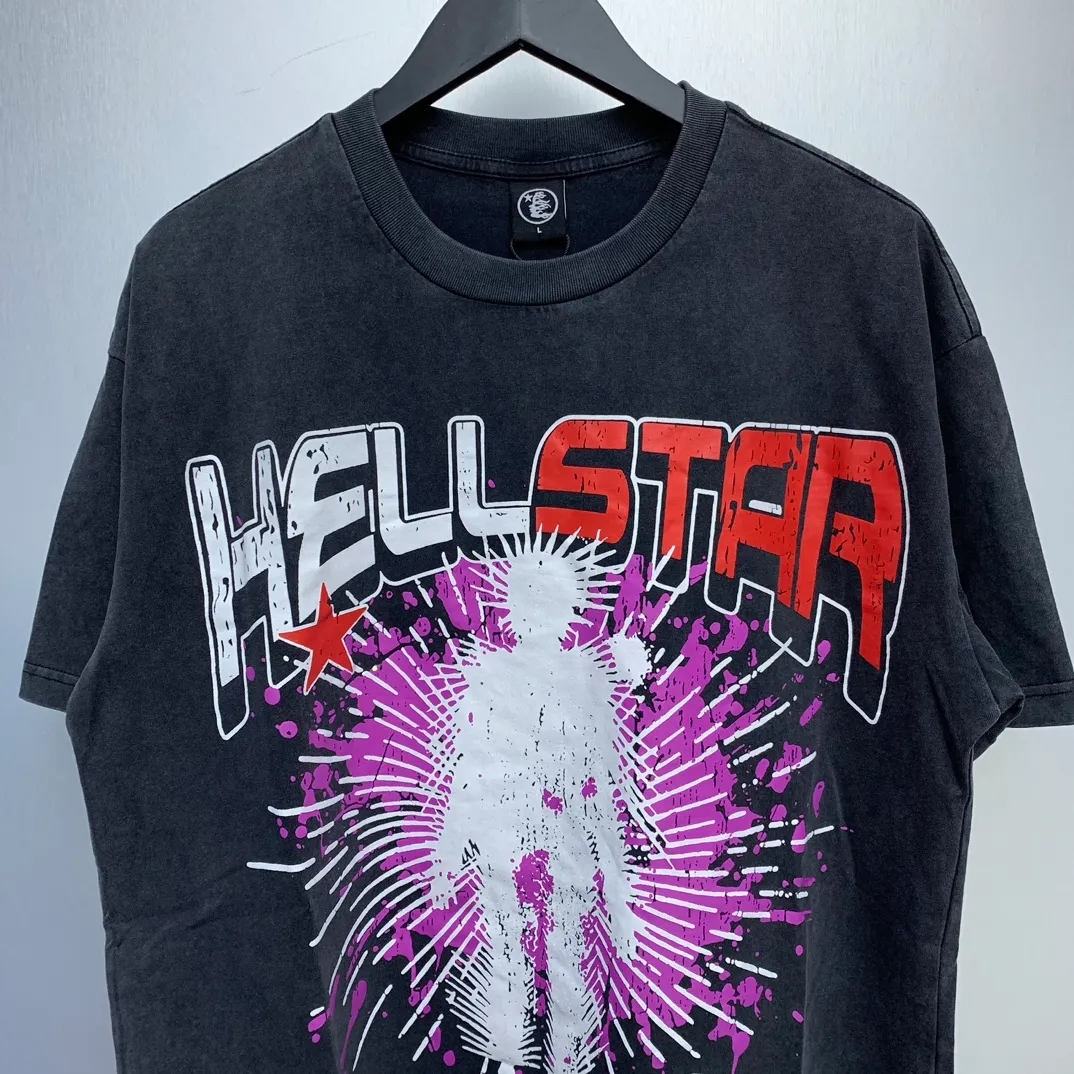 P134 Custom Cut and sew garment in Los Angeles. Dyed and potassium sprayed with jumbo screen print. Fits slightly oversized. Gentle wash tumble dry. Dry clean preferred Newly popular Hellstar short-sleeved T-shirt!   Standard beauty and trendy workmanship, original customization (fabric, pattern, printing, hang tag, main mark, etc.), exaggerated style, explosive style, dare to break through tradition, bring adventurous new fashion experience!  YoungBoy, the most popular rapper in the youth circle, has shot a lot of models for him, and celebrities such as Dababy and Swae Lee frequently get dressed!  color: Vintage Black (washed black)
