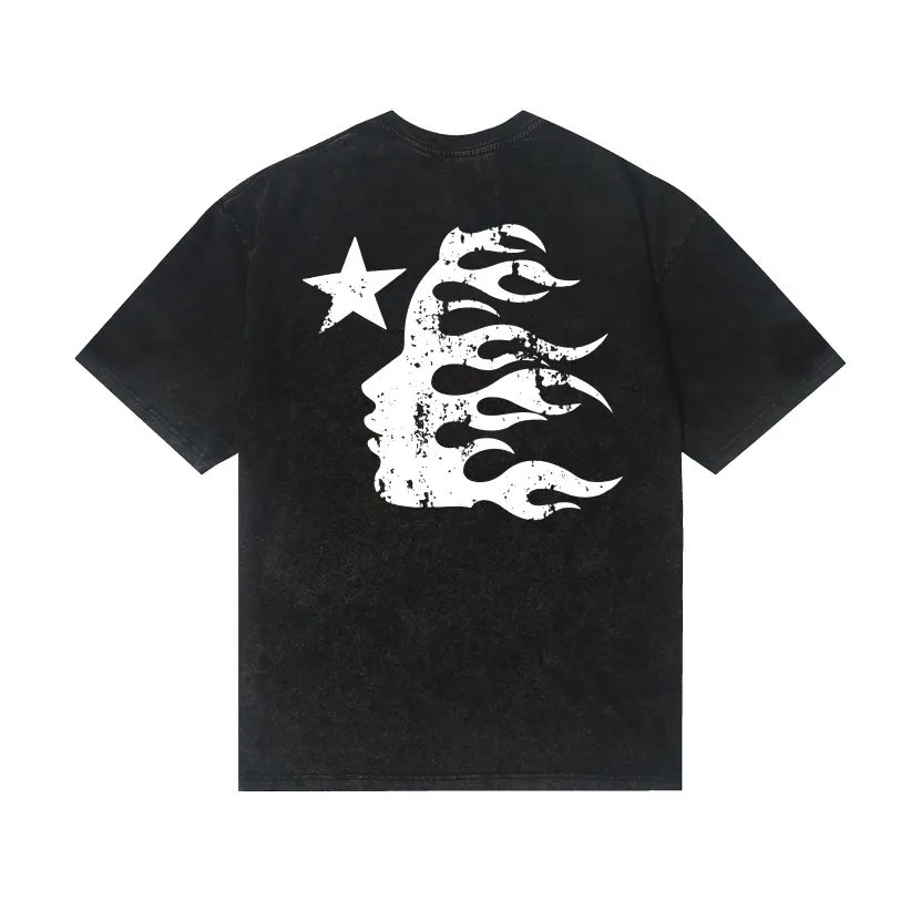 7736# P124 Washed Hellstar Hellstar ins same style retro printed tops for men and women, casual and trendy pure cotton washed short-sleeved T-shirt Color: Black Size: S M L XL
